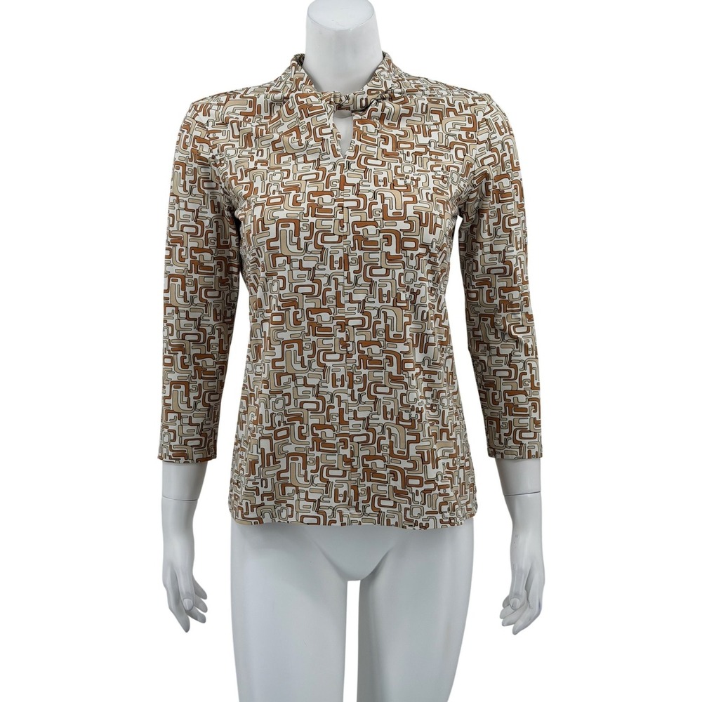 J McLaughlin Top Womens Small Tan Geometric Stretch Catalina Cloth Twist Neck